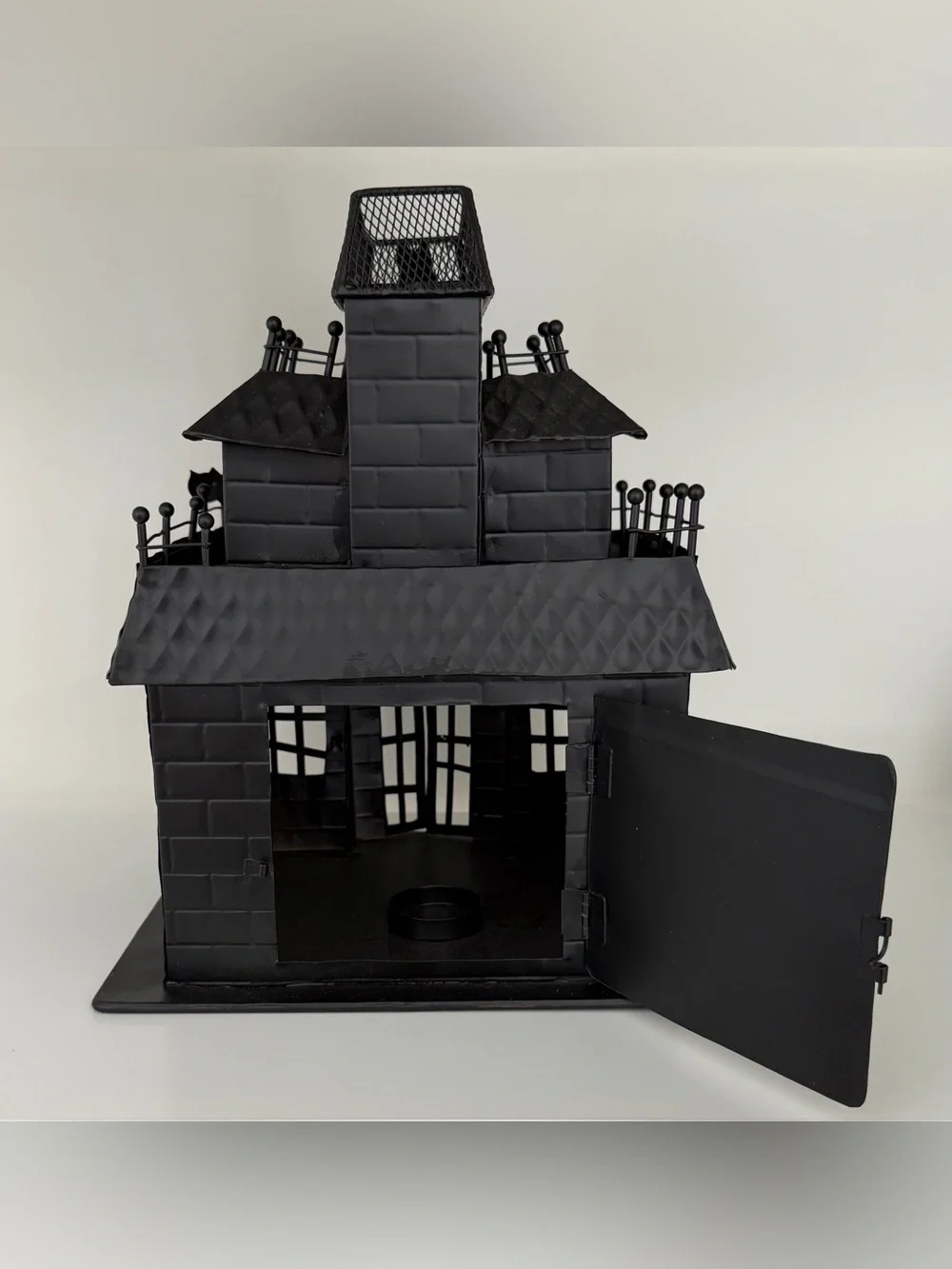 POTTERY BARN Haunted House Halloween Black Metal Tea light Candle Holder RETIRED